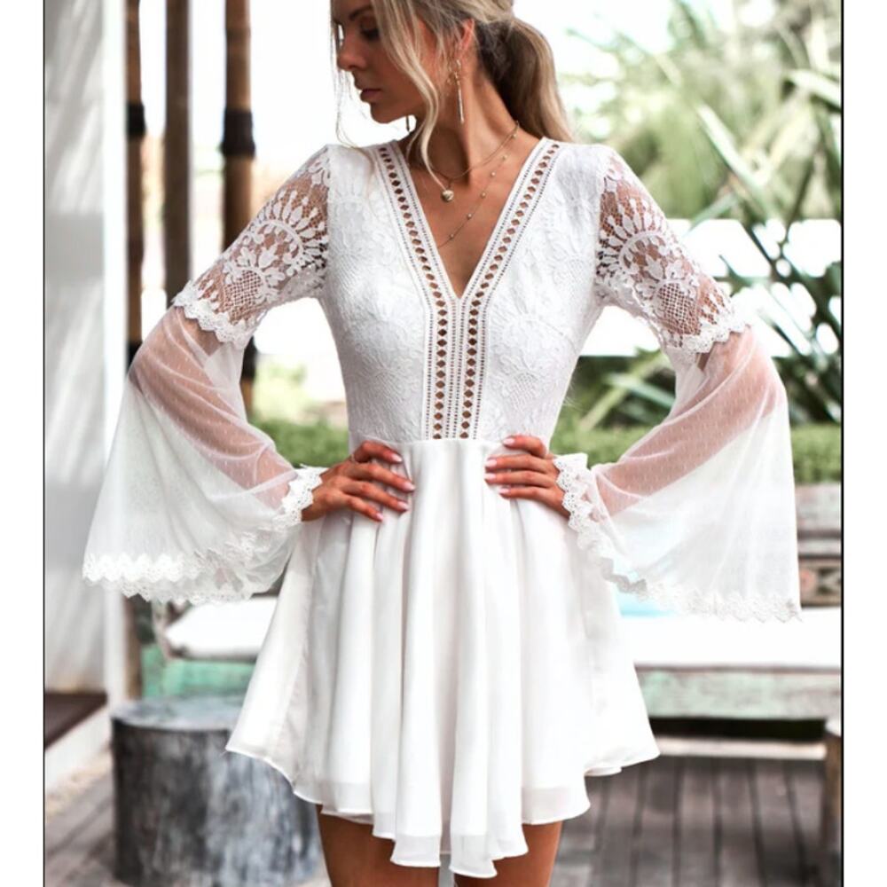 Two Sisters Bethany Lace Boho Short White Wedding Dress Size 8 - Picture 1 of 11